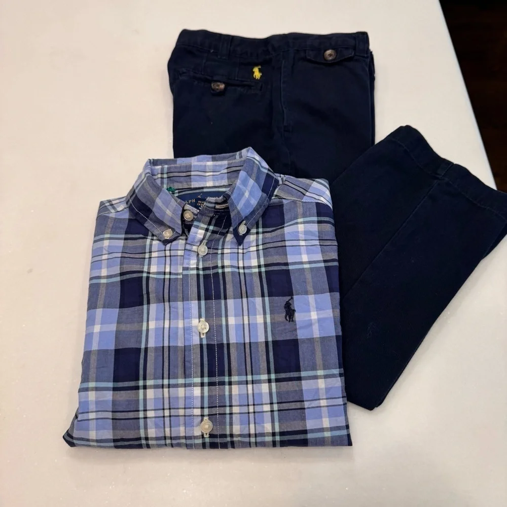 Ralph Lauren Boys 2 Pcs Set Navy Chinos & Blue Button Down Plaid Shirt Size 5